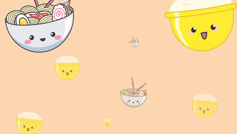 animation of diverse cartoon bowls with ramen floating on orange background