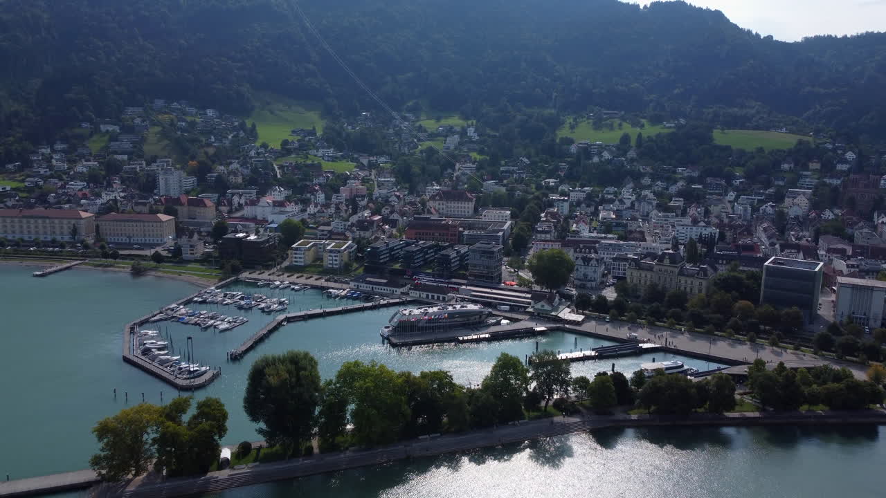 Sunny Austrian City Bregenz at Lake Constance - Aerial Establishing