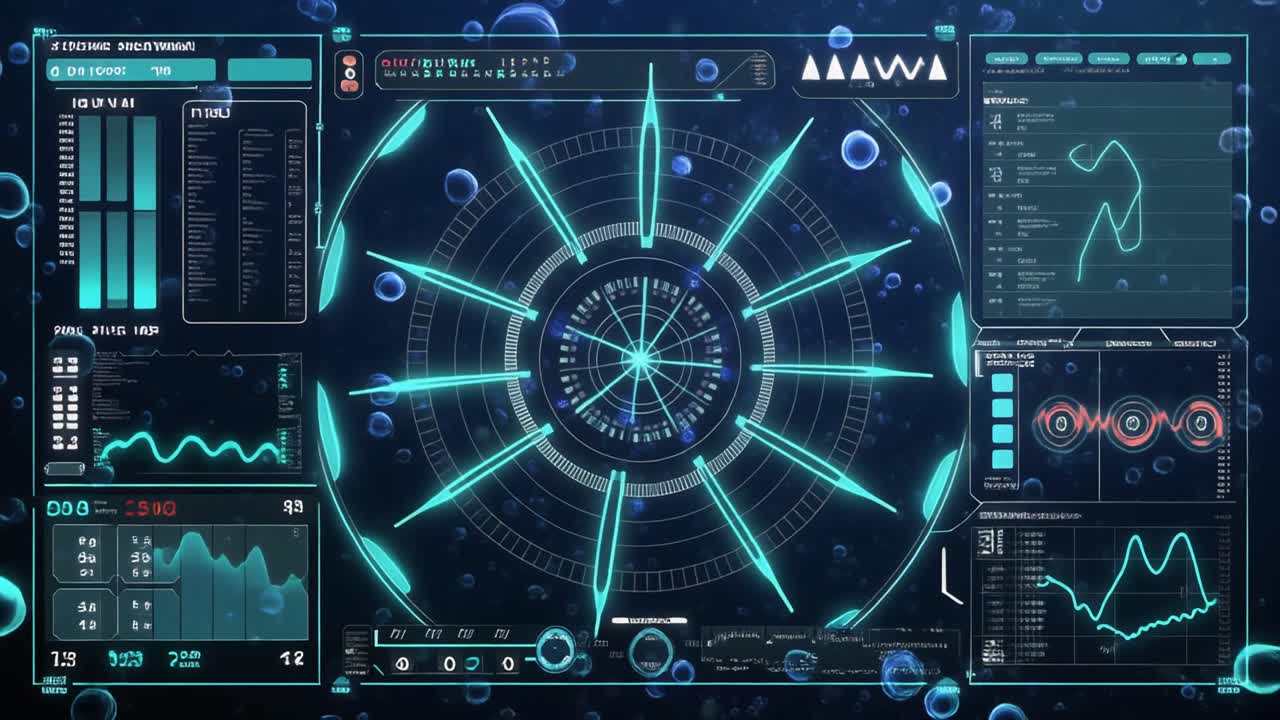 High-Tech Digital Interface with Rotating Elements and Data Visualization