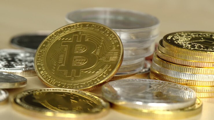 Primi piani di criptomonete con bitcoin d'oro