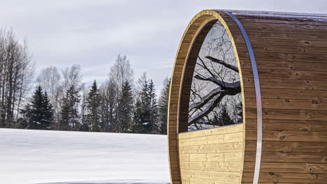 Tree-branches-reflect-in-glass-of-barrel-sauna-in-winter-wonderland,-Timelapse