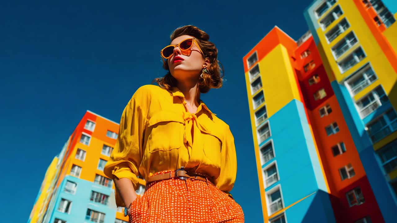 A Vibrant Urban Fashion Statement: A Stylish Individual Dressed in Bright Yellow Attire, Orange Sunglasses, with Colorful High-Rise Buildings as a Backdrop Under a Clear Blue Sky