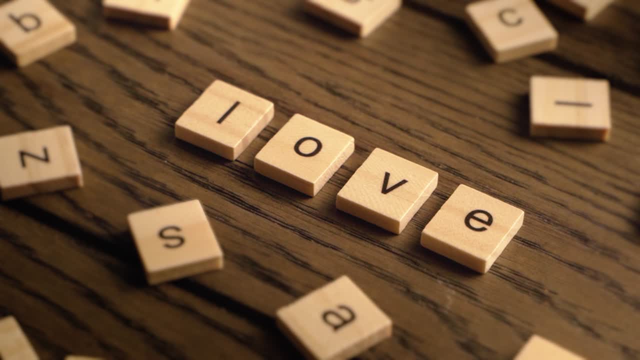 Wooden letter tiles form the word love as the camera pans smoothly across a wooden surface.