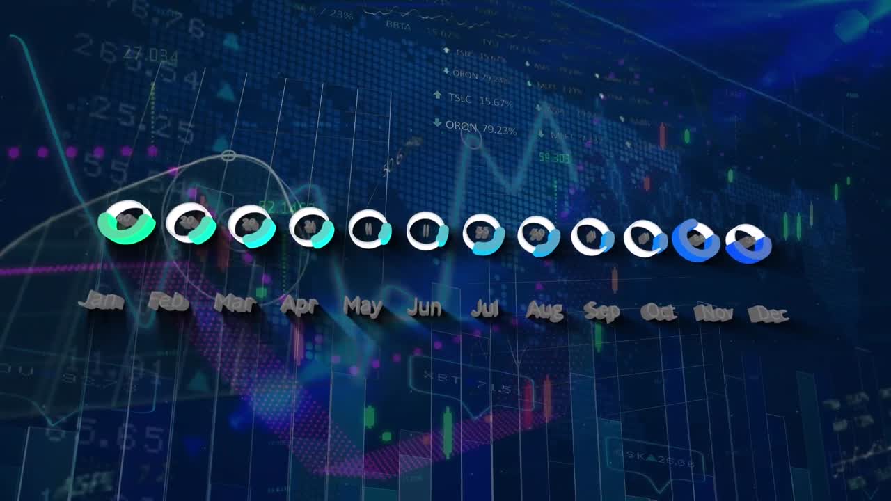 세계 지도와 해군 배경에 대한 그래프와 금융 데이터의 애니메이션