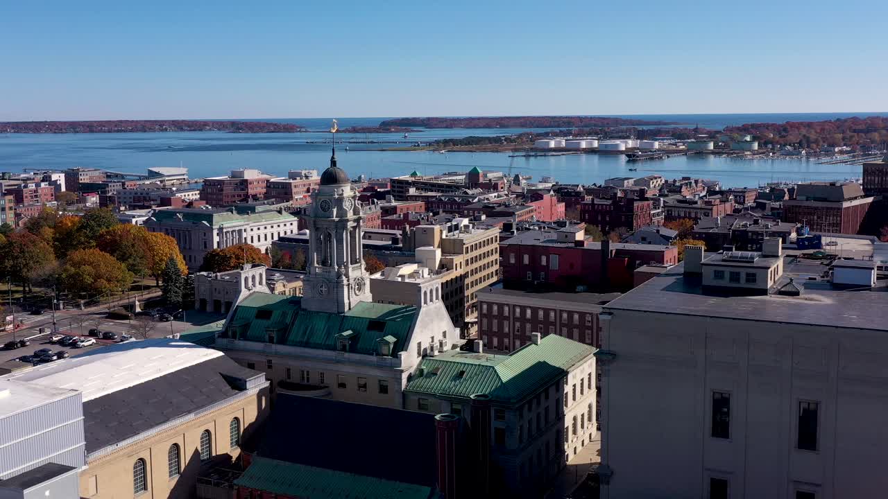 Drone flying past the steeple on City Hall in Portland, Maine.