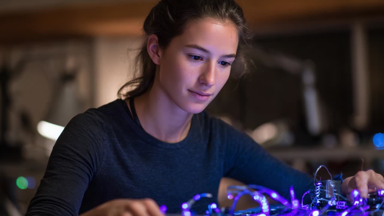 A focused young woman engages in intricate creative work with glowing purple LED lights, displaying her passion for technology, electronics, and innovation in an inspiring and dynamic learning environment