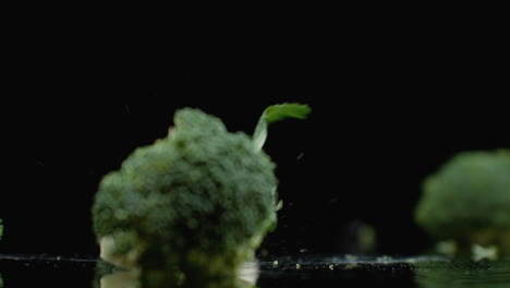 three fresh green broccoli fall on a glass with splashes and drops of water in slow motion. ingredients for salad healthy food.