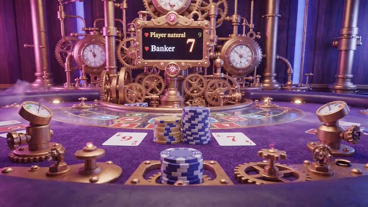 Una coinvolgente scena di casinò a tema steampunk con un intricato tavolo da gioco con ingranaggi, pile di fiches e orologi vintage, il tutto ambientato in un ambiente di gioco immersivo.