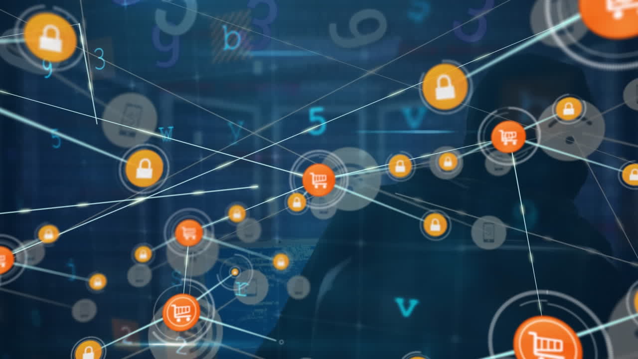 Animazione di una rete di connessioni con icone ed elaborazione dati sopra un hacker in una sala server.
