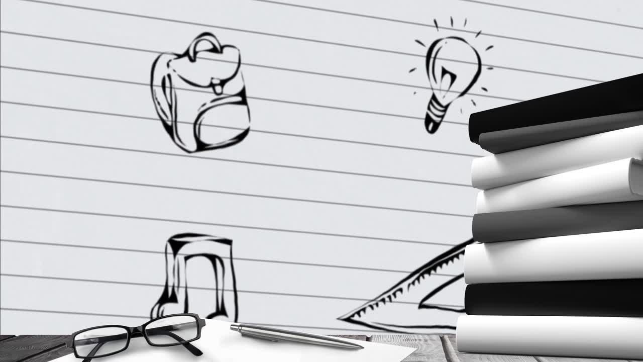 equipos escolares múltiples contra dibujos en papel con líneas blancas