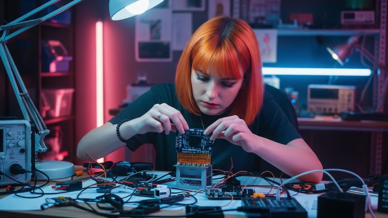 A Focused Engineer with Vibrant Orange Hair Works Diligently on Circuitry Components Under Bright Task Lighting, Showcasing the Intricacies of Electronics Development.