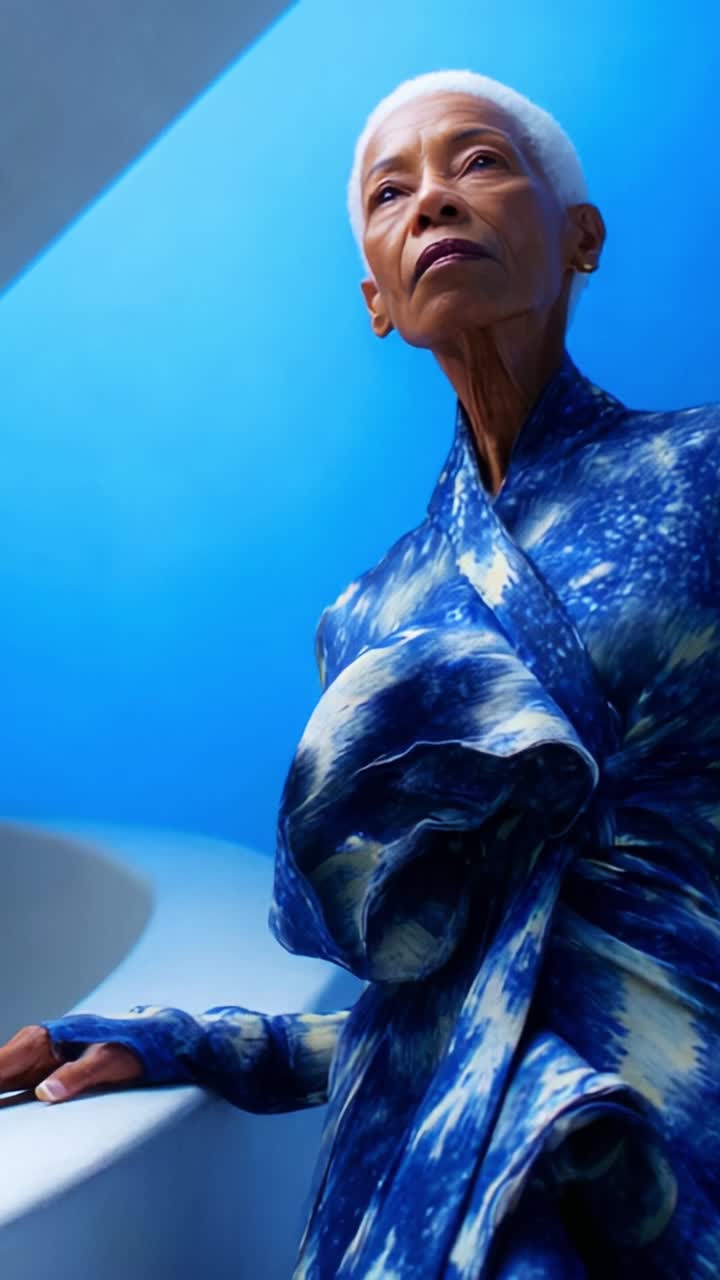 Una donna composta, vestita con un sorprendente abito blu a fantasia, guarda verso l'alto, incarnando eleganza e sicurezza su un vivace sfondo blu in un ambiente moderno