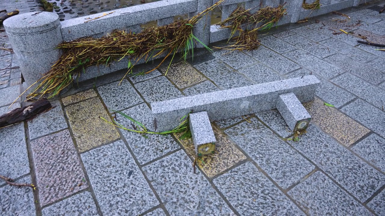 Stone Wall Ripped From Bridge after Typhoon in Kyoto Japan