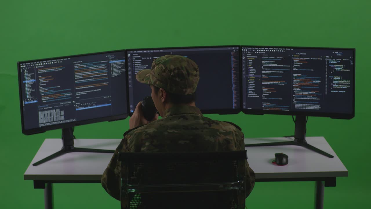 Back View Of Asian Man Soldier Developer Drinking Coffee And Using Computer To Write Code With Multiple Screens In Green Screen Studio