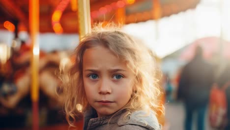 sad little girl with curly blonde hair looking down thoughtfully near a colorful carousel at an amusement park, surrounded by blurred figures of people enjoying the festive atmosphere