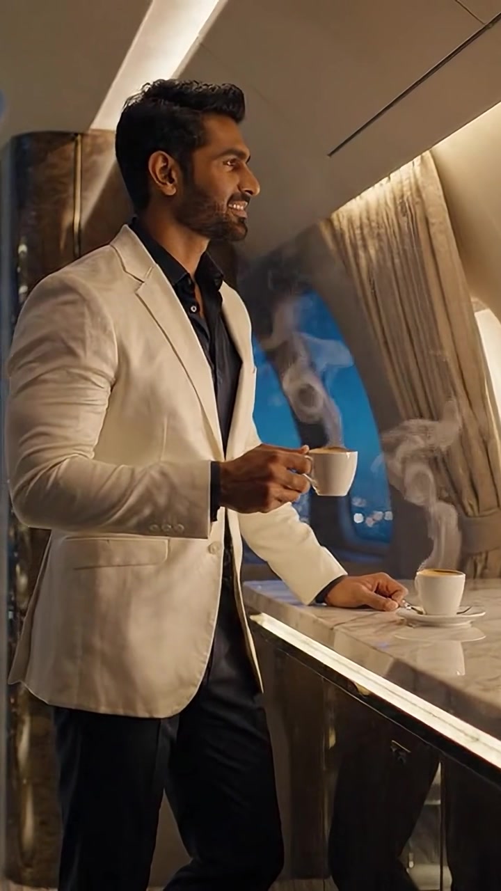 Un elegante gentiluomo in un'elegante giacca bianca si gode un'esperienza di caffè di lusso con tazze fumanti in un ambiente sofisticato, mettendo in mostra elementi di uno stile di vita raffinato.