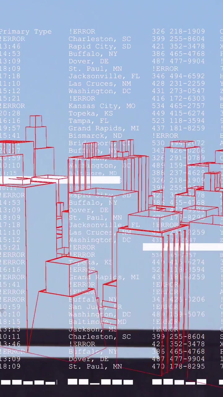 Vertical video: Scrolling data driving wireframe city forming on railing pulsing row showing ERROR