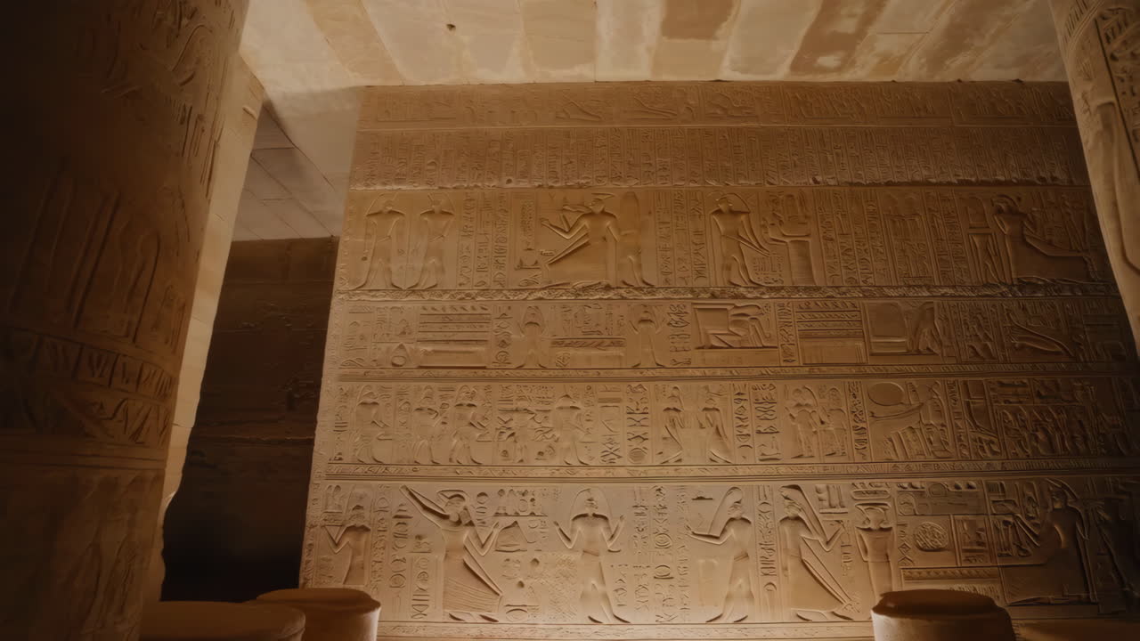 Detailed Hieroglyphic Carvings in an Ancient Egyptian Temple