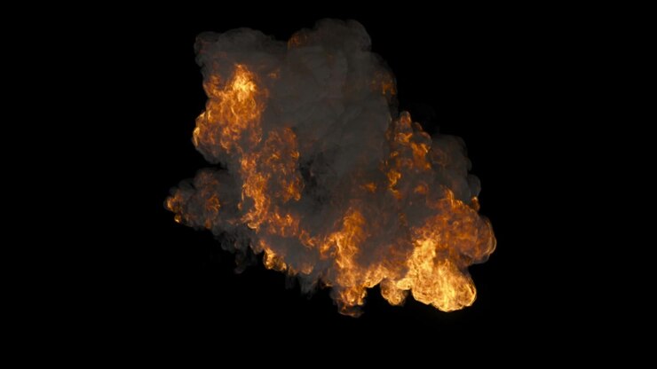 Large Explosion isolated, upper view, black background, 4K
