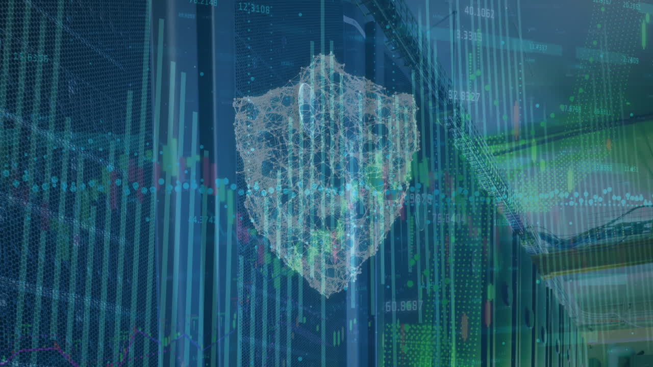 컴퓨터 서버 에 대한 보안 방패 아이콘을 통해 금융 데이터 처리의 애니메이션