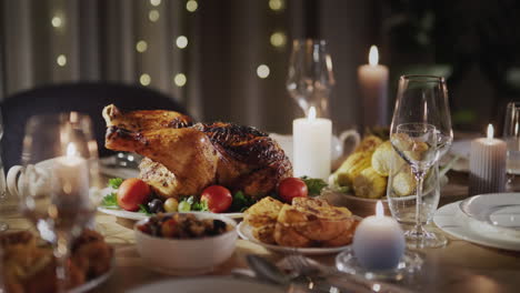 thanksgiving roasted turkey festive table. slider shot