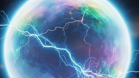 a stunning visualization of an electrified orb, capturing the dynamic interaction of colorful lightning strikes and glowing energy pulsating through its surface