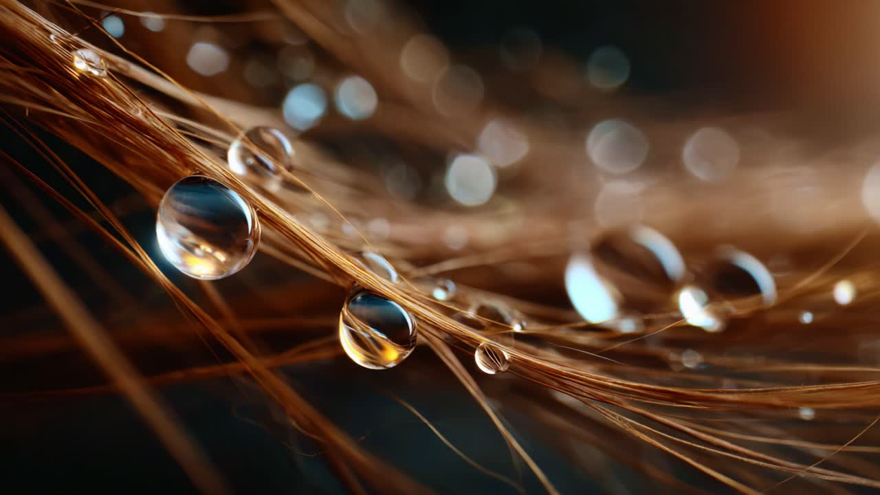 Macro fotografia di goccioline d'acqua su ciocche di capelli che catturano il riflesso della luce e la texture in una splendida ambientazione naturale, enfatizzando dettagli e chiarezza