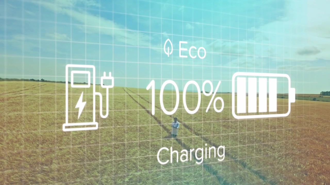 Uomo maturo che cammina su una pista, avviando una sovrapposizione a griglia HUD e aggiornando la percentuale della batteria per l'energia.