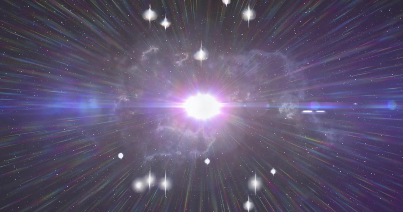 Campo stellare alla deriva, sfera scintillante con raggi che si intensificano e si estendono, formando una nebulosa e poi stabilizzando la visualizzazione.