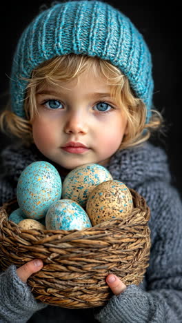 child holding a basket of beautifully decorated easter eggs indoors