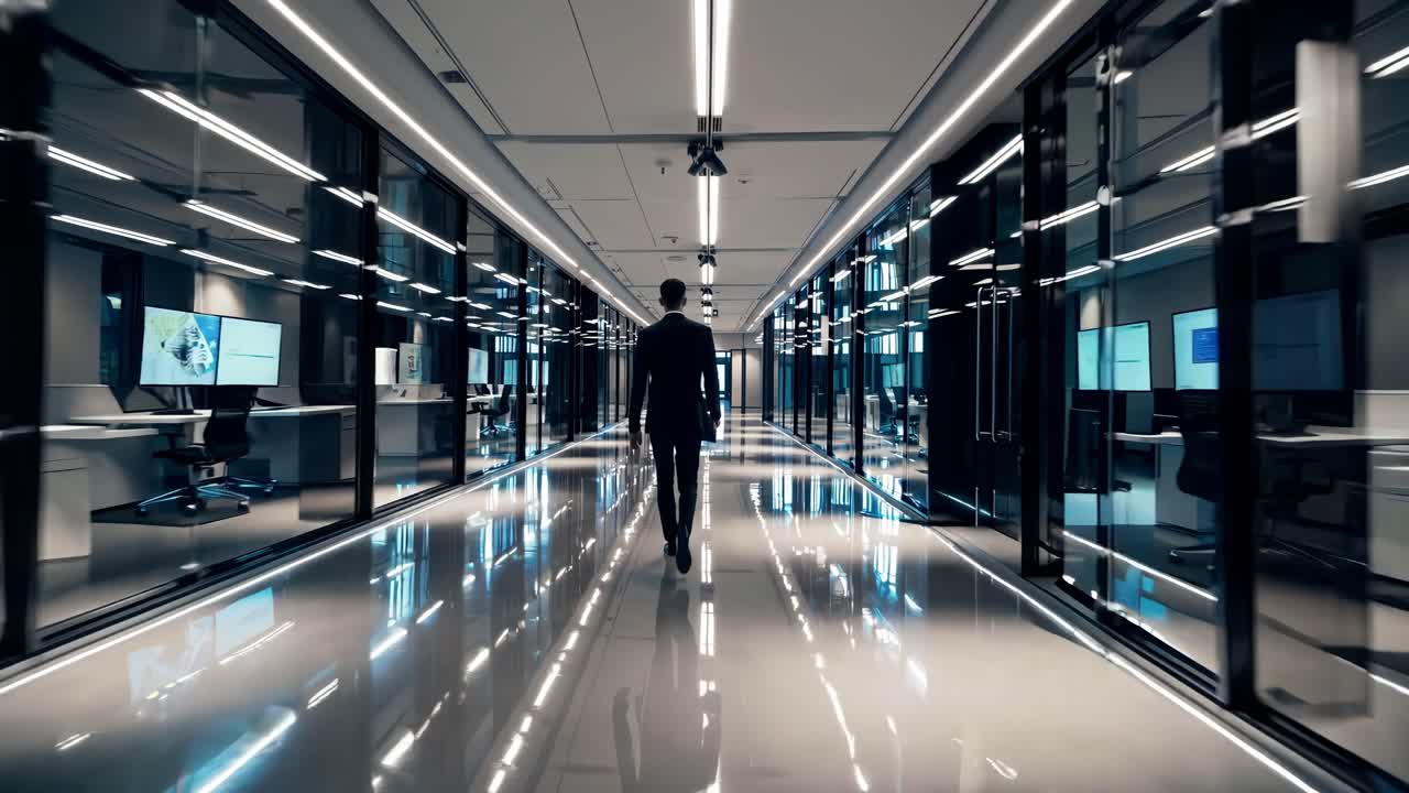 A sleek, modern office corridor with reflective surfaces. A person walks away from the camera