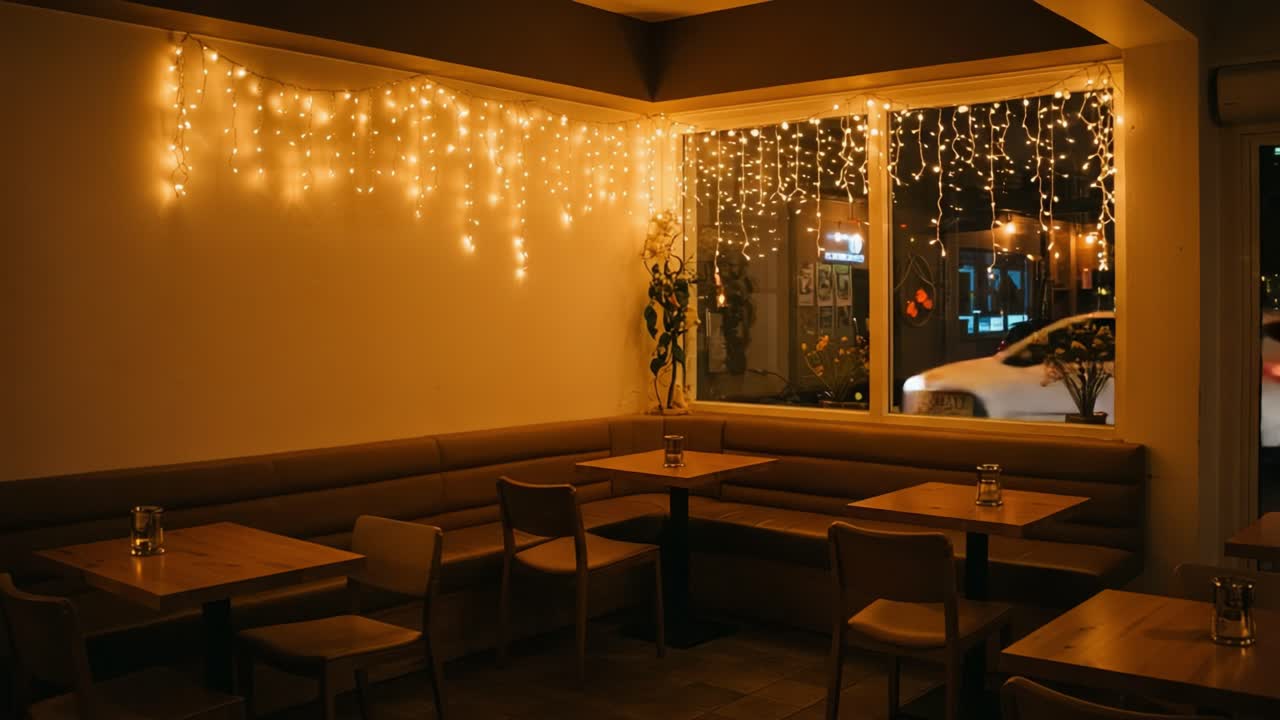 Warm and Inviting Restaurant Ambiance with Twinkling Fairy Lights Over Cozy Tables in a Softly Lit Dining Space