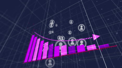 animación de la flecha en el gráfico con iconos de perfil sobre el patrón de cuadrícula contra fondo negro