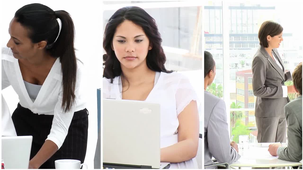 montaje de video que muestra a la gente en la oficina trabajando
