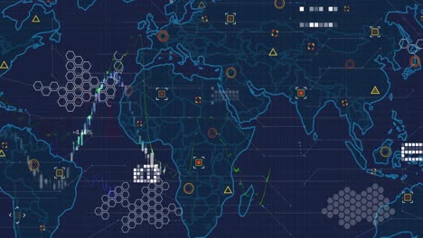 Animation-of-world-map-and-data-processing-against-blue-background