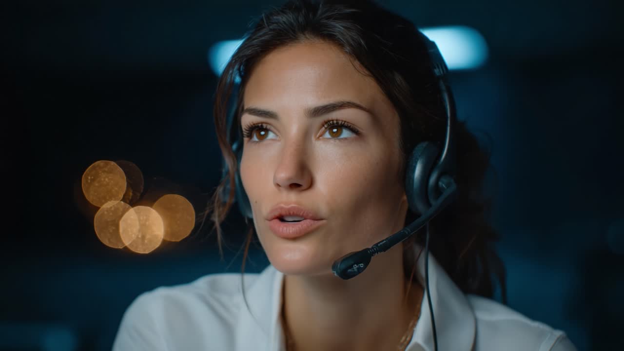 Een Geconcentreerde Vrouwelijke Operator in een Schemerige Omgeving, In Gesprek met een Professionele Headset, De Aandacht Trekkend met Haar Vastberaden Uitdrukking