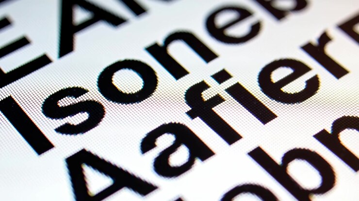 Shifting macro camera moving magnified black sans-serif text on white display, revealing pixel grid