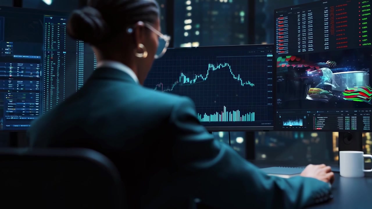 Analista finanziario che monitora i dati di borsa su più schermi di notte