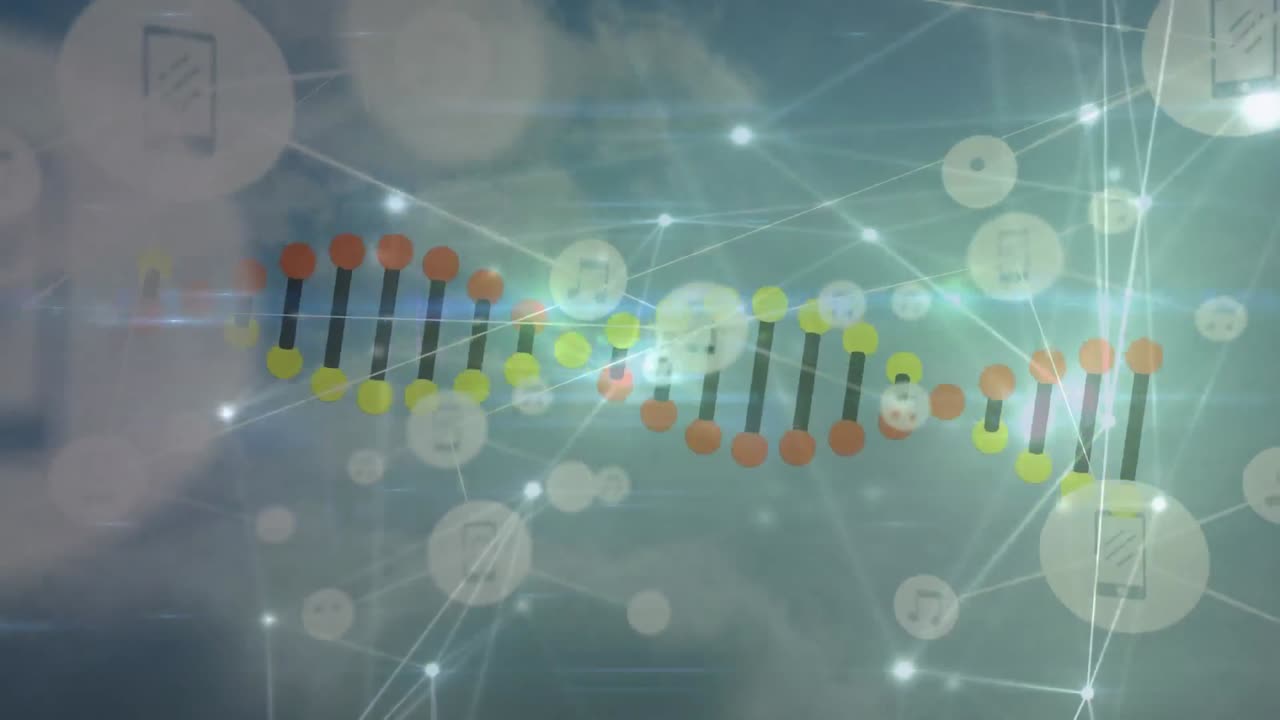 Animation of dna strand spinning and icons over network of connections