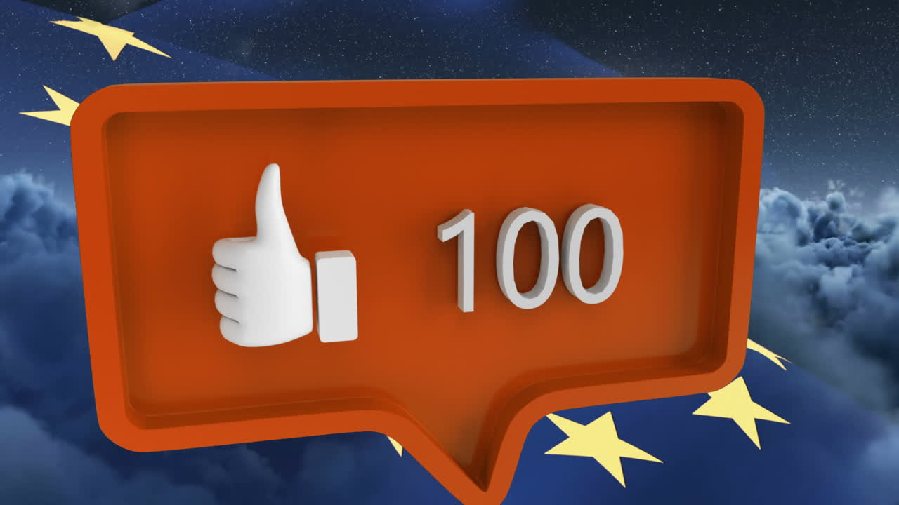 анимация речевого пузыря с цифрами и символом над облаками и флагом европейского союза