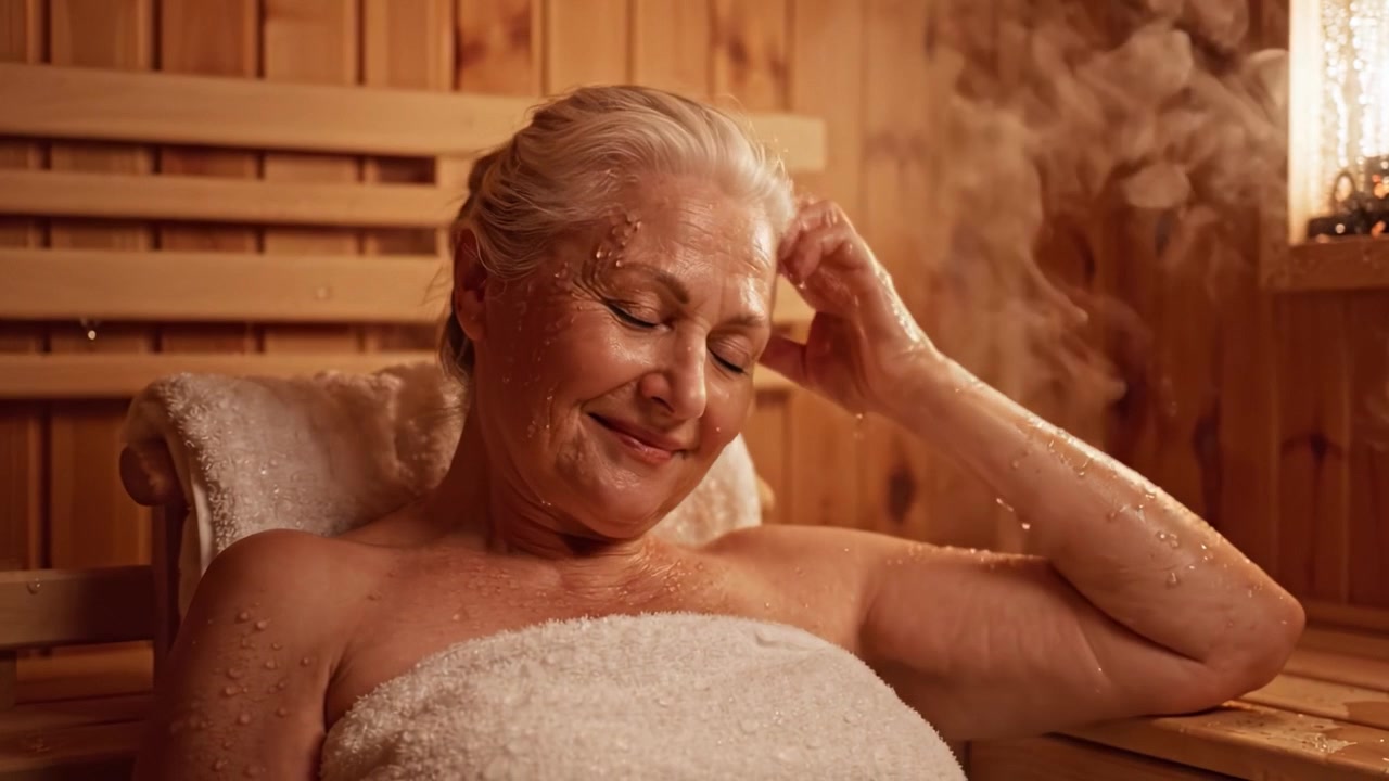 Relax in un bagno turco: un'atmosfera serena che abbraccia benessere e tranquillità mentre una donna anziana si gode un'esperienza rinfrescante in sauna.