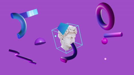 animation of antique sculpture head over shapes on purple backgorund