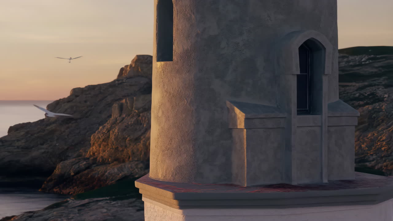 Seagulls Flying Around a Coastal Tower at Sunset