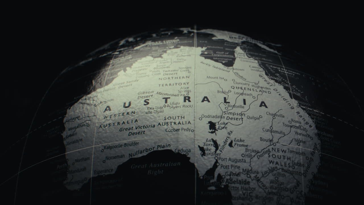 Close-up view of a world map focusing on Australia