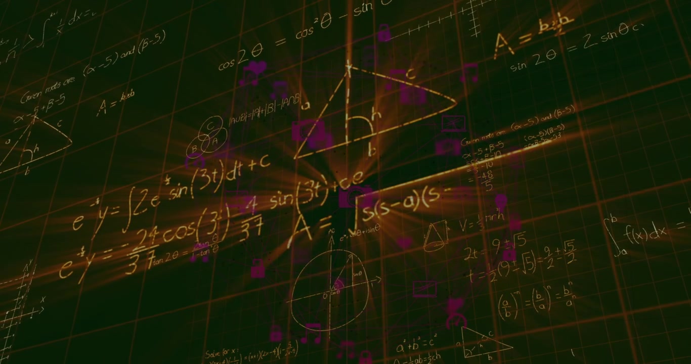 Animation of data processing and mathematical equations on black background