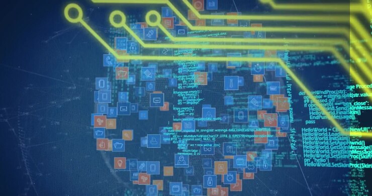 Animation of computer icons over data processing