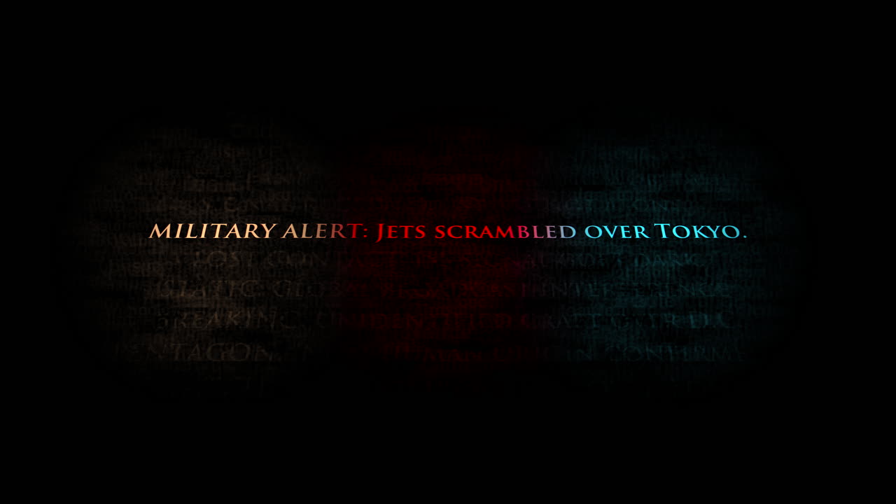 Stylized text animation with red and blue chromatic aberration displaying urgent alerts about UFO sightings and power grid failures. Perfect for tech thrillers and alien contact stories