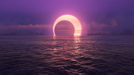 purple sunset and solar eclipse over seamlessly looped ocean.