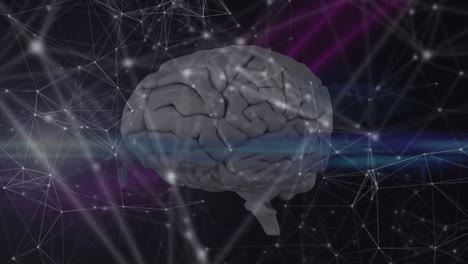 red de conexiones contra el cerebro humano y rastros de luz en fondo negro