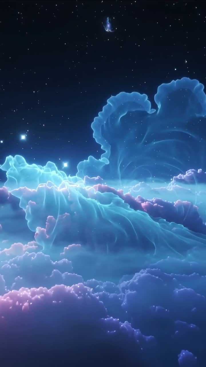 Vertical video: Shifting rim-lit cloud reacting to glowing mote appearing, rising toward ridge